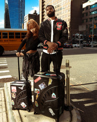 THE JOURNEY BEGINS SHARKITECTURE CARRY-ON LUGGAGE BLACK WITH EXTRA STICKERS